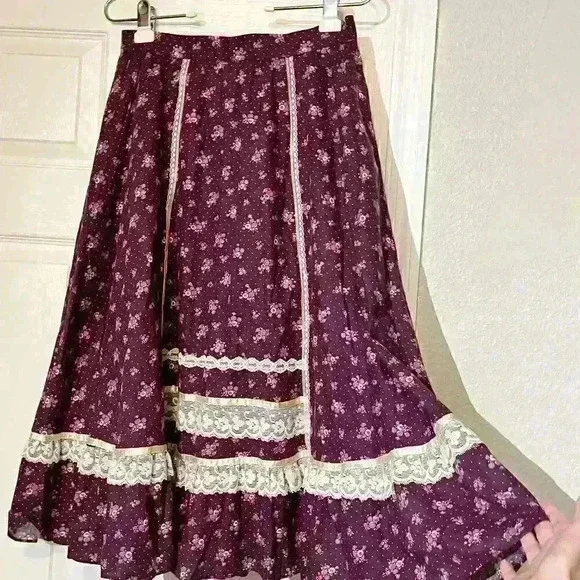 Vintage Gunne Sax 1970s Womens Floral Lace Prairie Calico Cottagecore Skirt 13 - Picture 5 of 16